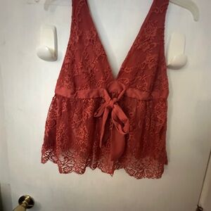 Free People Red Lace Detail Top